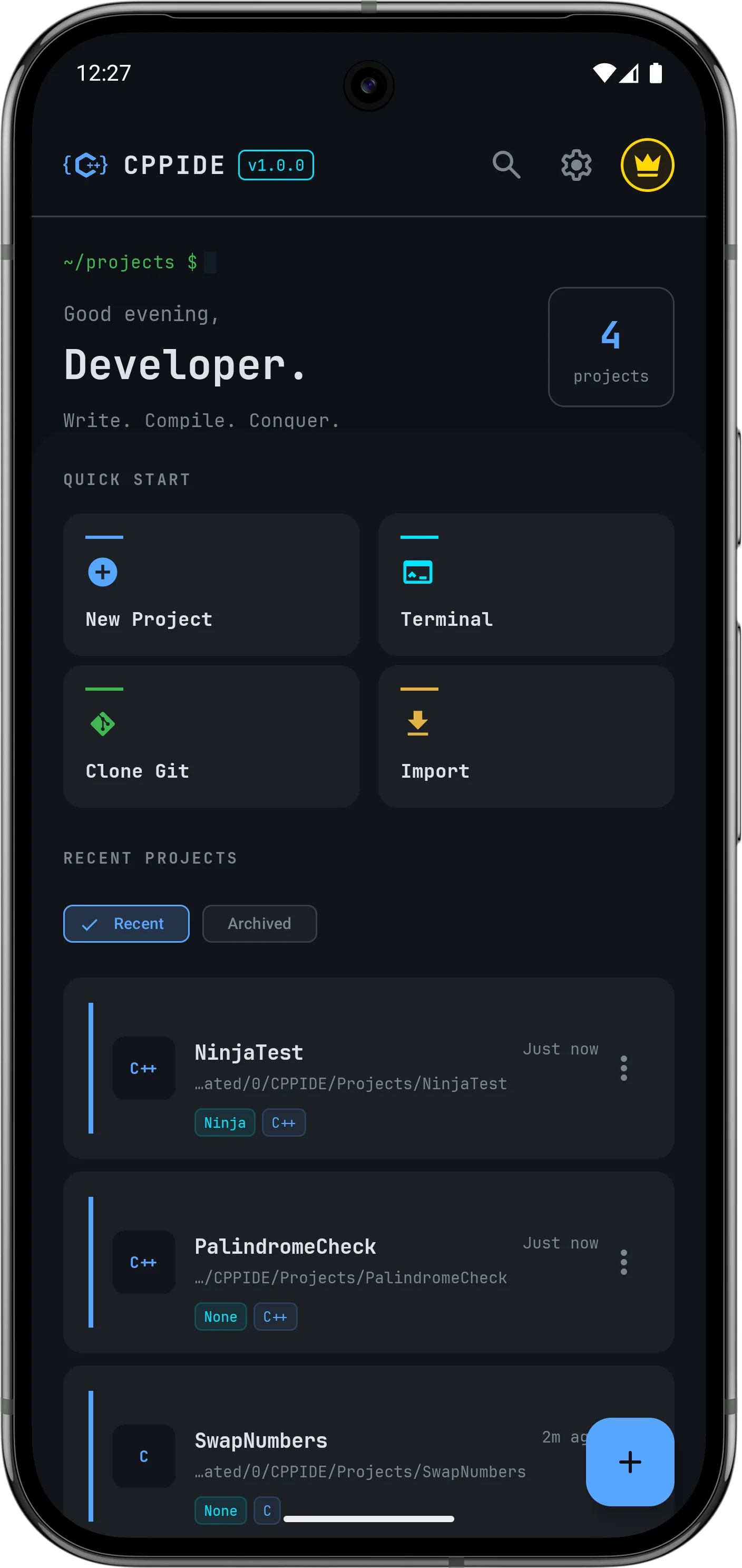 CPPIDE Mobile App Home Screen